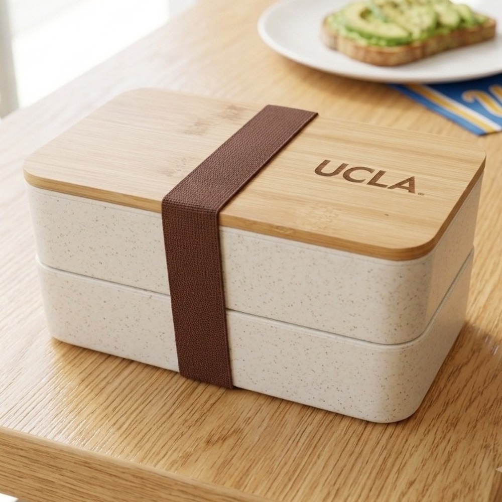 UCLA Bento Box Dual Stackable Lunch Container Bamboo Lid with Utensils UNUSED
